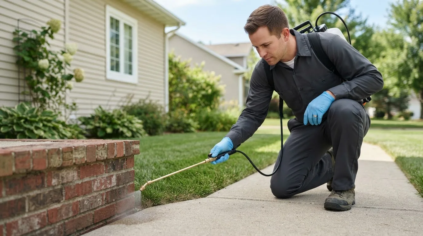 Pest control technician treating a home near Kittrell, NC