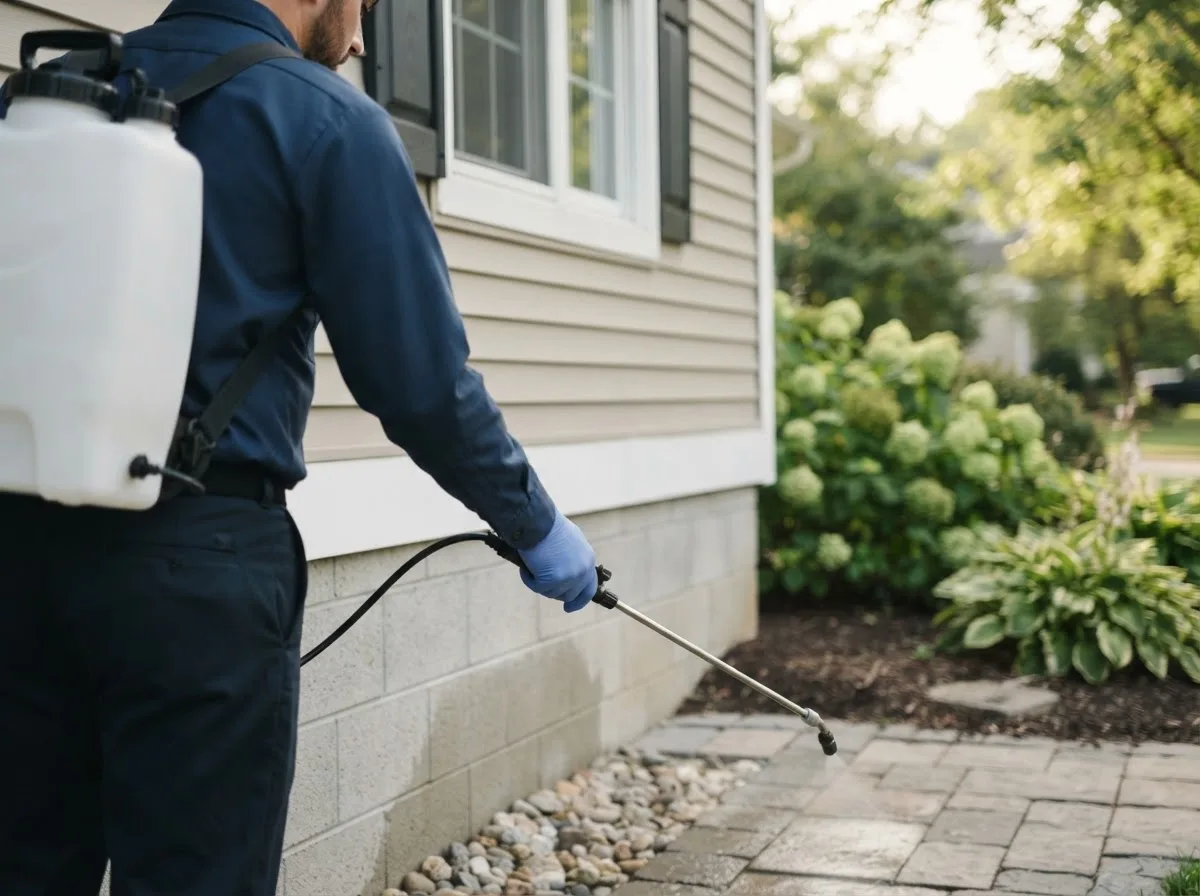 Pest control technician inspecting a home in Kittrell, NC